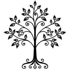Obraz premium Black and White Botanical Tree of Life with Swirling Vines and Leaves