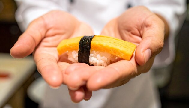A close-up shot of a sushi in the hands of a chef, highlighting culinary skill and the freshness of ingredients. The focus is on the detail and presentation of the food - Powered by Adobe