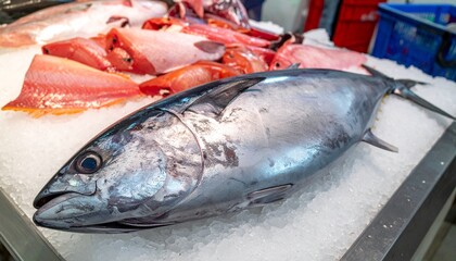 A fresh fish on ice display, ready for sale. It offers a close-up view of raw fish on an ice bed, evoking a sense of freshness and culinary readiness