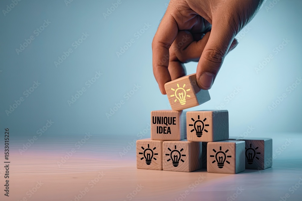 Poster hand placing wooden block with lightbulb icon on unique idea stack