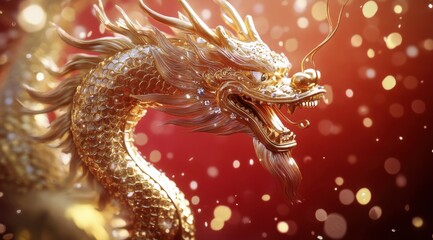 Golden dragon with a red background, sparkling diamond embellishments Generative AI