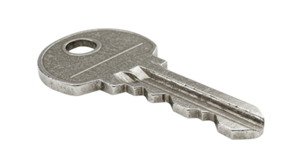 Silver metal key for security lock isolated on a transparent background. Silver metal house key with cut edge design