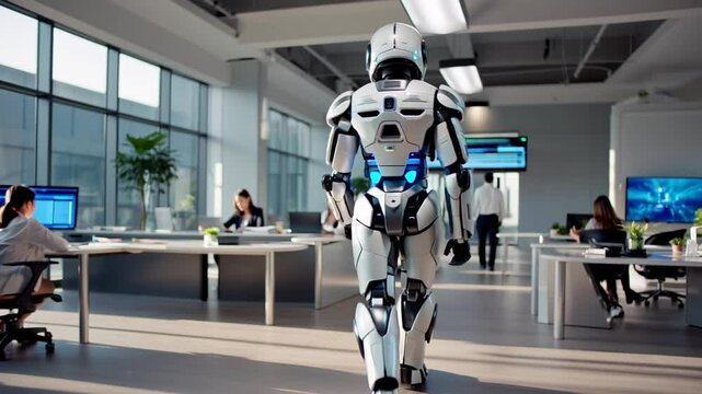 A futuristic robot walks confidently through a modern office space, representing advanced technology and integration with the workplace