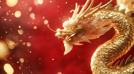 Golden dragon with a red background, sparkling diamonds, a festive New Year atmosphere, golden scales, a long body Generative AI