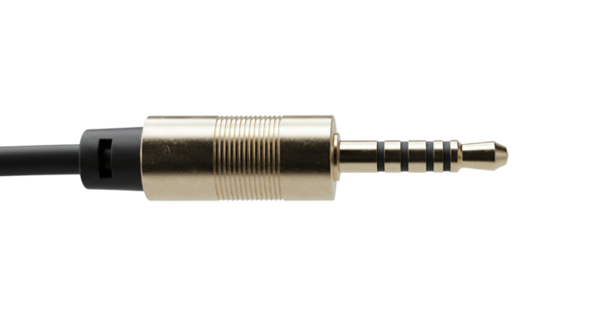 3.5 mm audio jack cable connector gold plated technology isolated on a transparent background. Gold plated audio jack connector for headphones