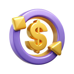 3d golden dollar sign in purple circular arrow isolated on white background