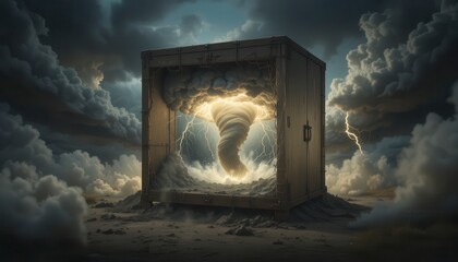 A surreal image of a tornado contained inside a large open box with storm clouds and lightning surrounding it.