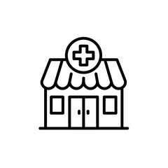 Outline of a small medical clinic building with a cross symbol  