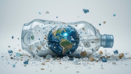 A crushed plastic bottle containing a small Earth globe, surrounded by scattered plastic debris, symbolizing environmental pollution and the impact on the planet.