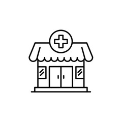 Outline of a pharmacy building with a cross symbol and canopy  