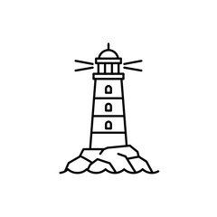 Lighthouse standing on rocks with light beams during daytime  