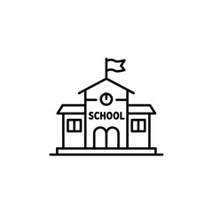 Outline of a school building with flag and clock on top  