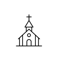 Line drawing of a church structure with a cross on the roof  