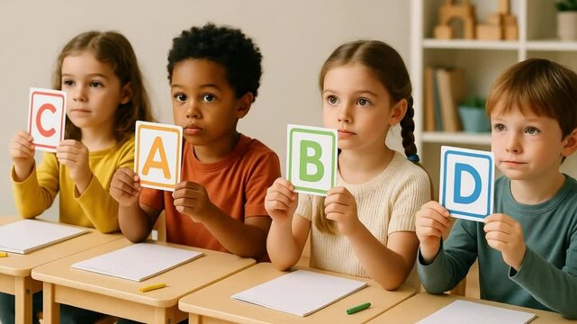 Young Children Learning the Alphabet with Flashcards in a Bright Classroom

