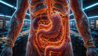 A detailed digital illustration of the human digestive and vascular systems displayed in a futuristic lab setting.