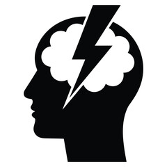 Mind and lightning bolt (mental burnout), Mental Health and Self Care. Black and white illustration of a head with an energetic brain.