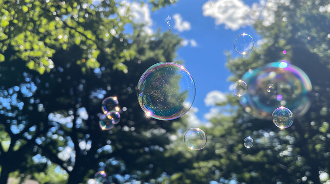 soap bubbles on blue sky