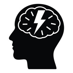 Mind and lightning bolt (mental burnout), Mental Health and Self Care. Black and white illustration of a head with an energetic brain.