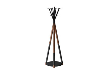 Dark, tepee-shaped coat rack with wooden accents