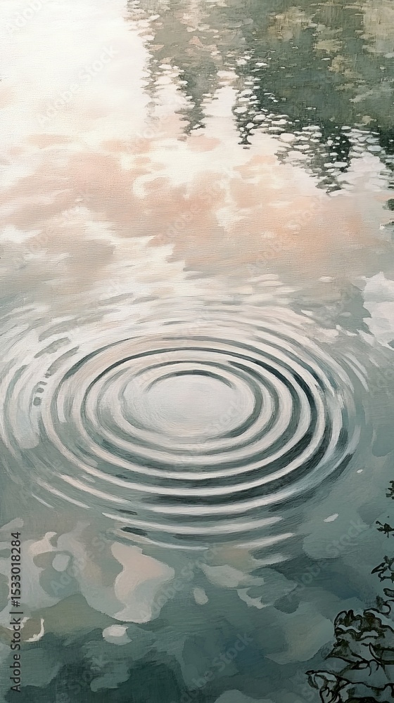 Poster water surface shows concentric ripple pattern with reflection of sky and trees.