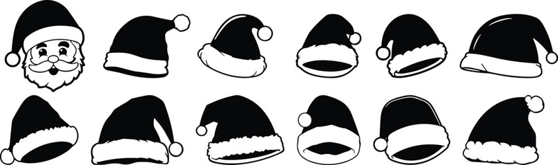 Set of black and white Santa Claus hats, various shapes and designs, for Christmas, holiday, winter celebration, vector icons isolated on transparent background,