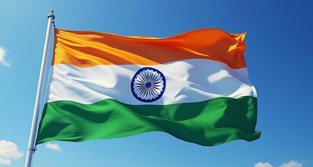 The indian flag flying high against a brilliant blue sky