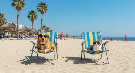 Vacation with dog and cat in sunglasses linevo relax on sun loungers on the beach