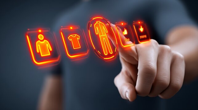 Virtual Shopping Interface: Man Interacting with Digital Clothing Icons