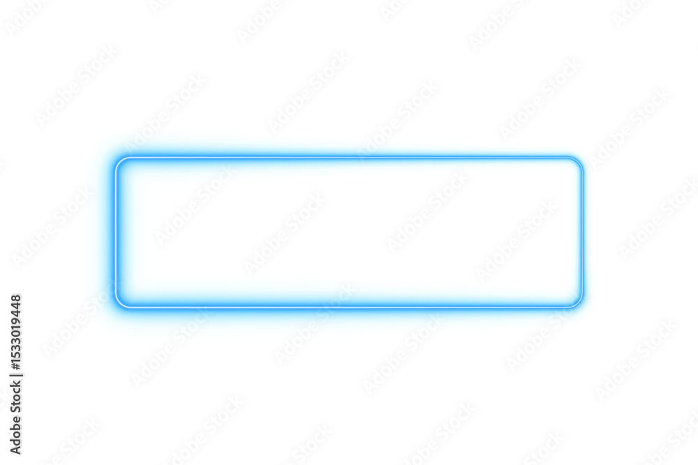 Poster blue neon rectangle frame with rounded corners glowing light border outline on transparent backgroun