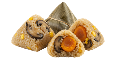 Traditional Chinese Zongzi Sticky Rice Dumplings on Transparent Background

