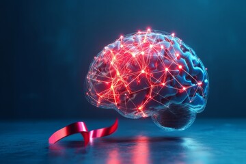 Digital brain with neural connections and glowing red nodes