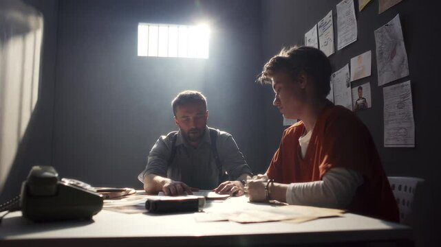 Police officer conducting tense interrogation with handcuffed female inmate, pointing at case evidence on table and questioning her in prison room. Zoom-in shot