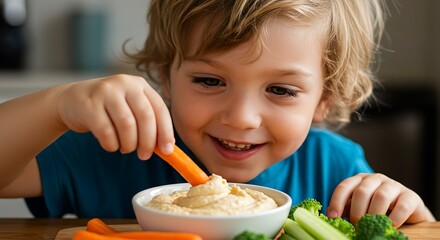 Adorable Toddler Enjoying Healthy Snack Carrots, Broccoli, and Hummus