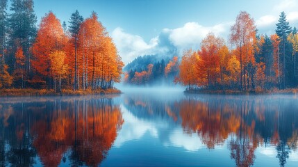 Fototapeta premium Peaceful lake reflecting colorful autumn trees with morning fog hanging above the surface.