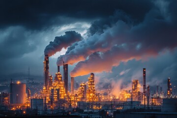 Obraz premium Industrial power plant with smokestacks emitting smoke at dusk with ambient glow