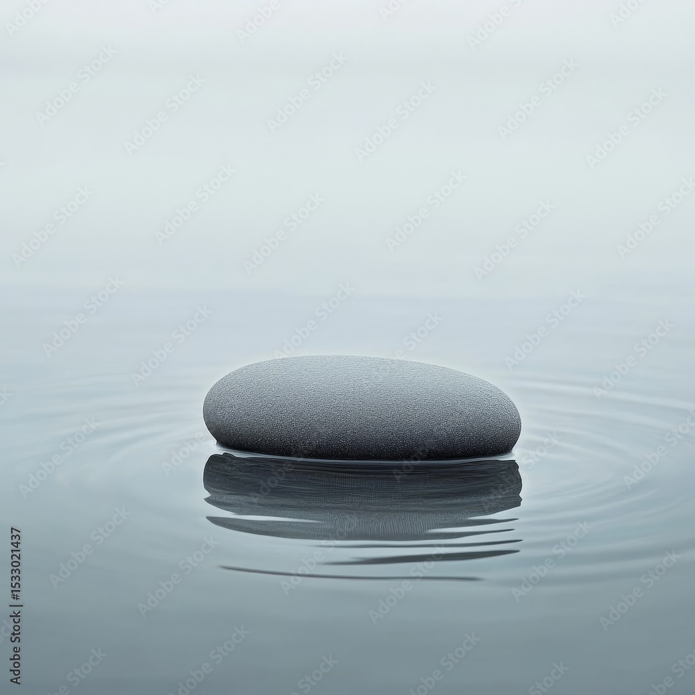 Poster smooth gray stone rests on calm water surface creating subtle ripples.