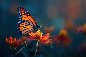 Fototapeta premium High-resolution macro photo of a monarch butterfly on a vibrant flower, sunlit glow, bokeh background, moody lighting
