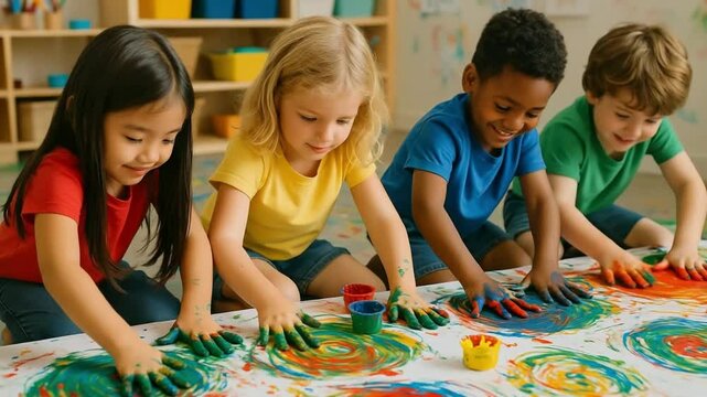 Kindergarten Children Finger Painting Together in a Bright and Creative Classroom

