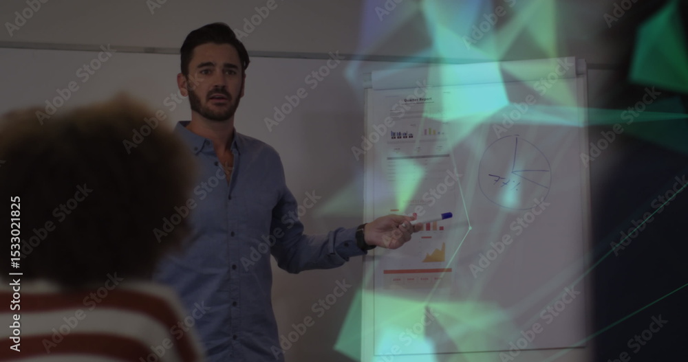 Poster presenting man in shirt pointing at flipchart showing bar graphs and pie chart in conference room