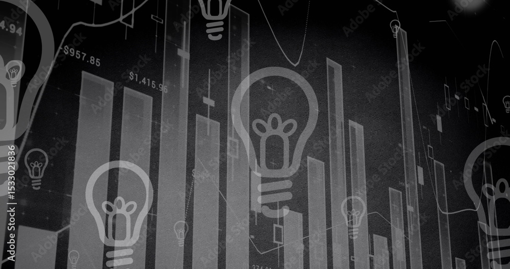 Poster displaying central lightbulb icon glowing over finance dashboard, with chart elements and labels