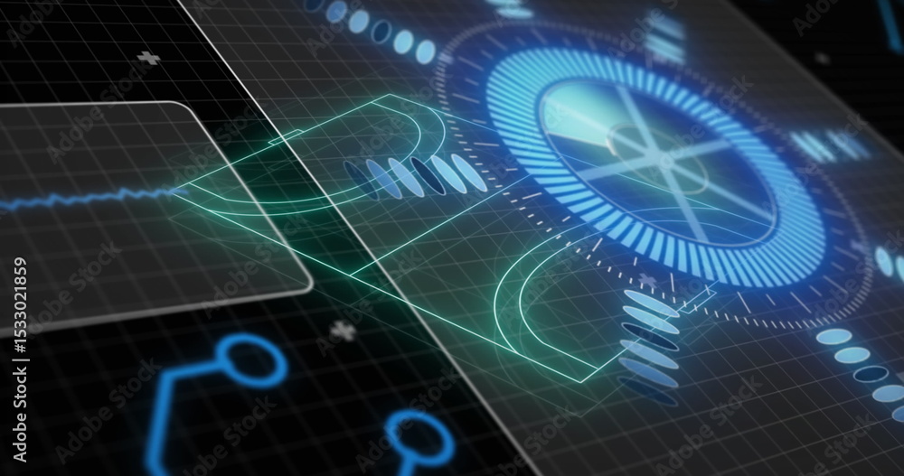 Poster displaying glowing circular gauge pulsing on dark grid, with waveform traces and node connectors