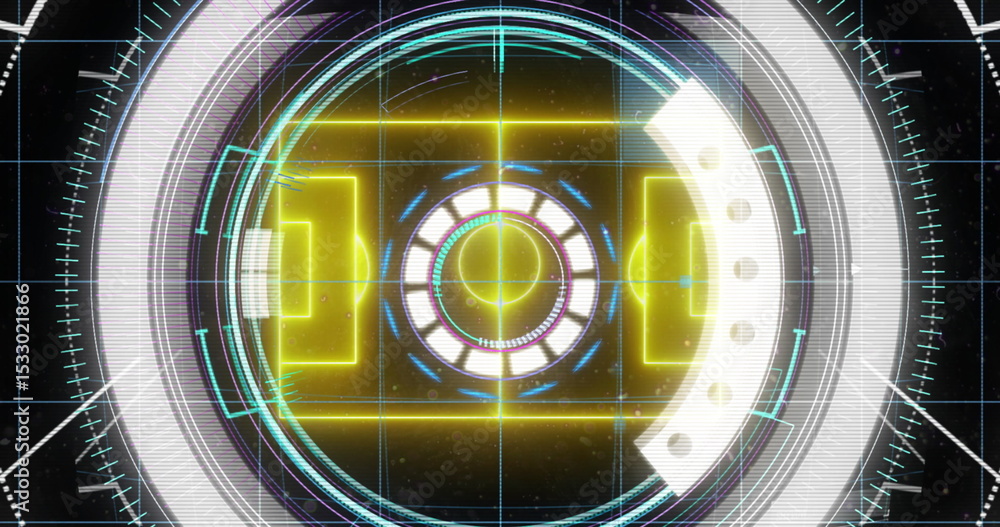 Poster displaying glowing circular lens with rings and yellow cyan segments on digital interface grid