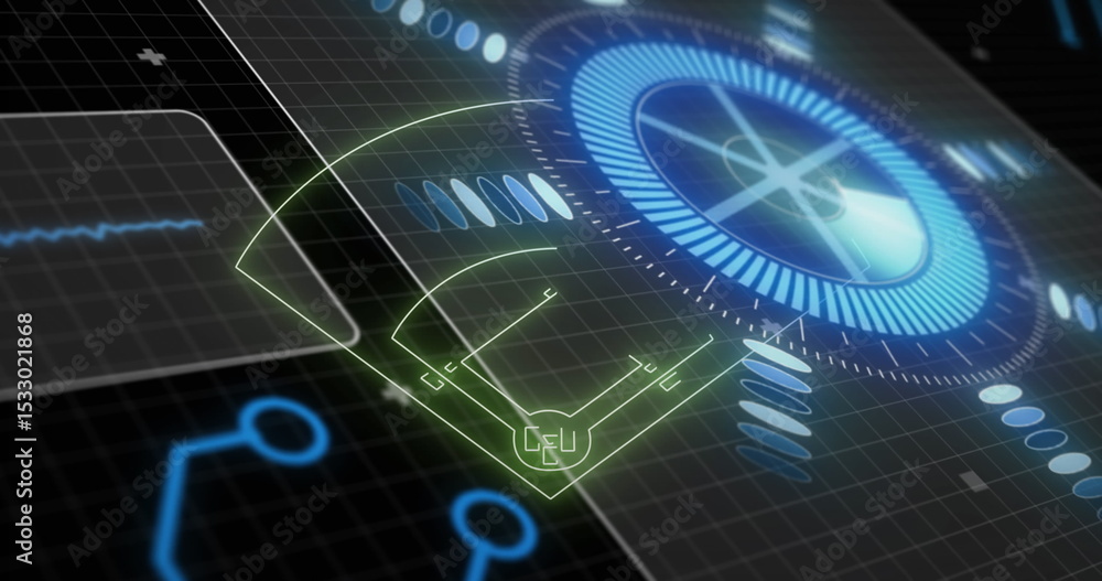 Poster displaying blue circular hud over grid with green cpu icon, waveform, status lights, circuit traces
