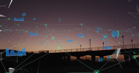 Projecting holographic network visuals over silhouetted pier at dusk with lamp posts, metal railing