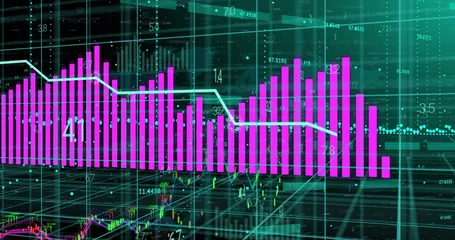 Displaying magenta bar chart rising on trading terminal, with teal grid and cyan trend line markers