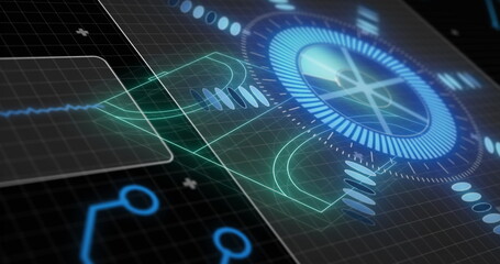 Obraz premium Displaying glowing circular gauge pulsing on dark grid, with waveform traces and node connectors