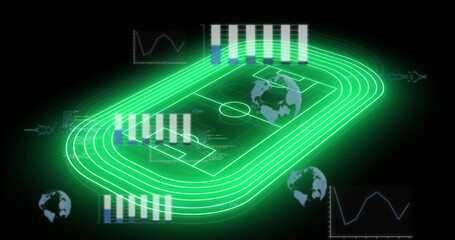 Naklejka premium Displaying neon green oval track, soccer field lines, charts, code and globe icons on black panel