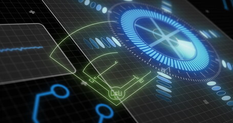 Displaying blue circular HUD over grid with green CPU icon, waveform, status lights, circuit traces