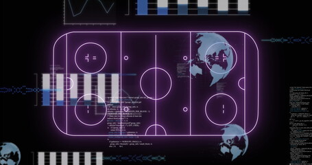 Showing neon purple arena schematic on dark dashboard with code blocks, data charts and globe icons