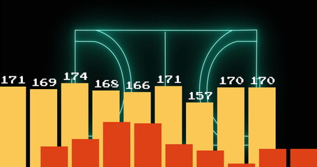 Pale gold, burnt orange bars glowing in dark workspace, with neon court outline and numeric labels